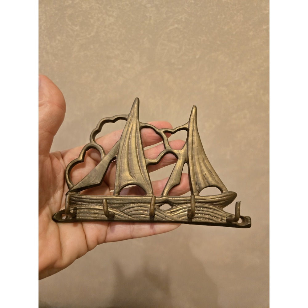 Vintage Brass Wall Mount Key Holder Sailboat Nautical Warming